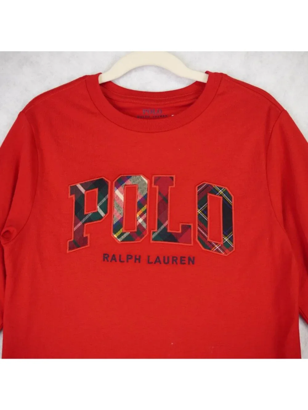 Polo Ralph Lauren Boys Red Long-Sleeve T-Shirt Plaid Logo Size 8 Small Cotton